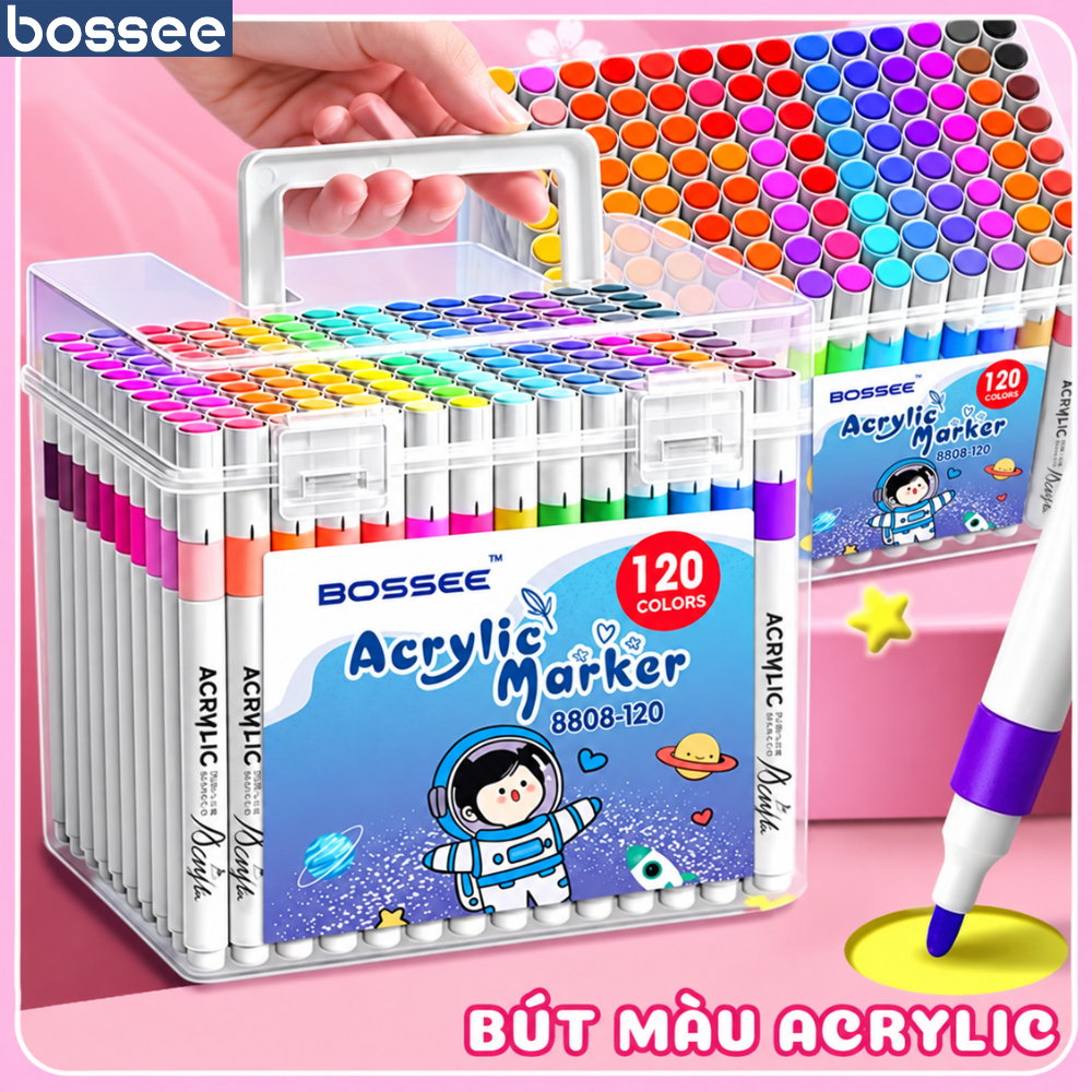 Bộ 12/24/36/48/60/80/120 Màu Acrylic Marker Bossee Ngòi Đầu Tròn, Bút Sơn Màu Tươi Sáng Không Lem