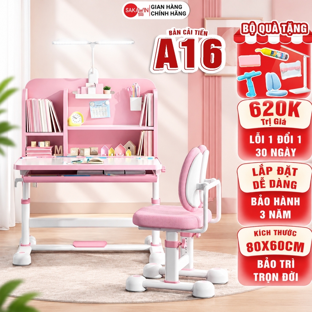 Bộ bàn học chống gù Sakawin A16 Cải Tiến, bàn học cho bé có giá sách, bàn học sinh nâng hạ độ cao
