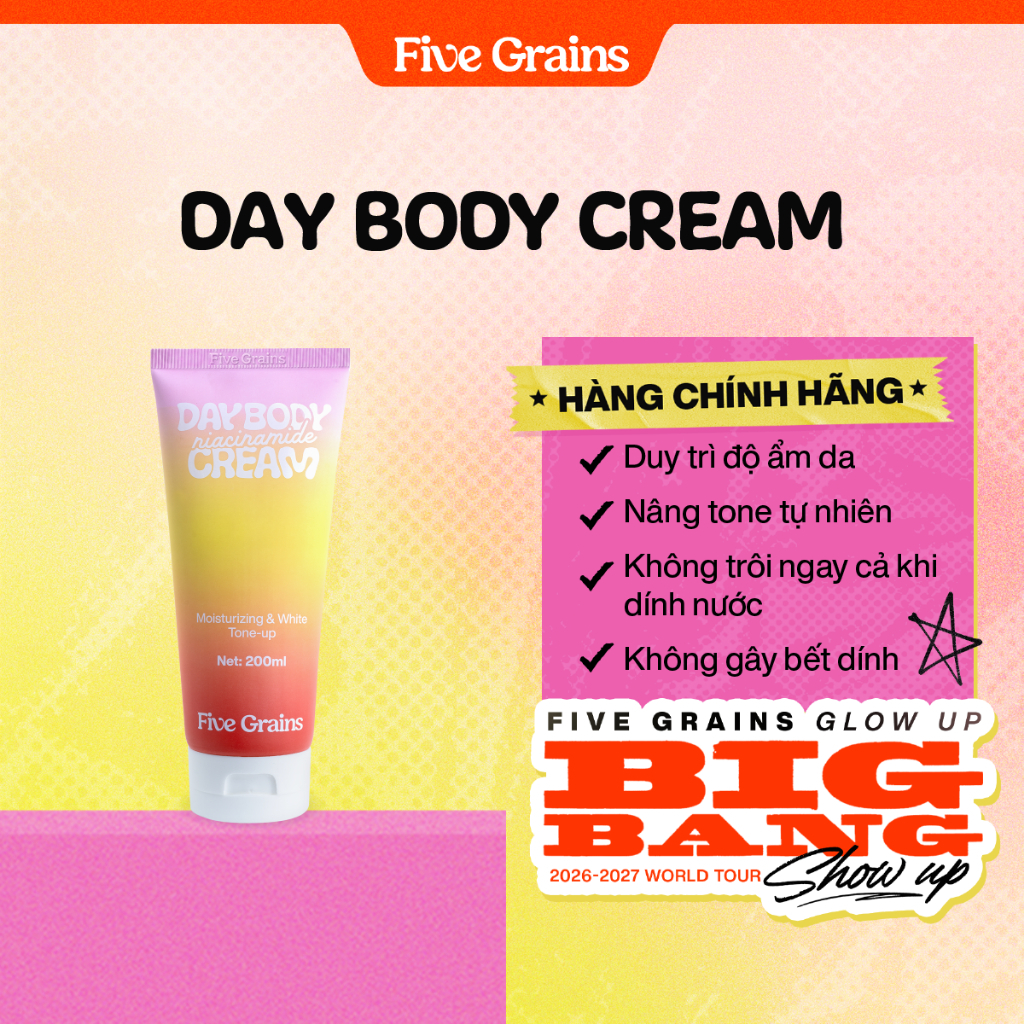 Kem Body Dưỡng Trắng Da Five Grains Nâng Tone 200ml 2 Hoạt Chất Niacinamide và Alpha Arbutin Cấp Ẩm Mềm Mịn Da Ban Ngày | BigBuy360 - bigbuy360.vn