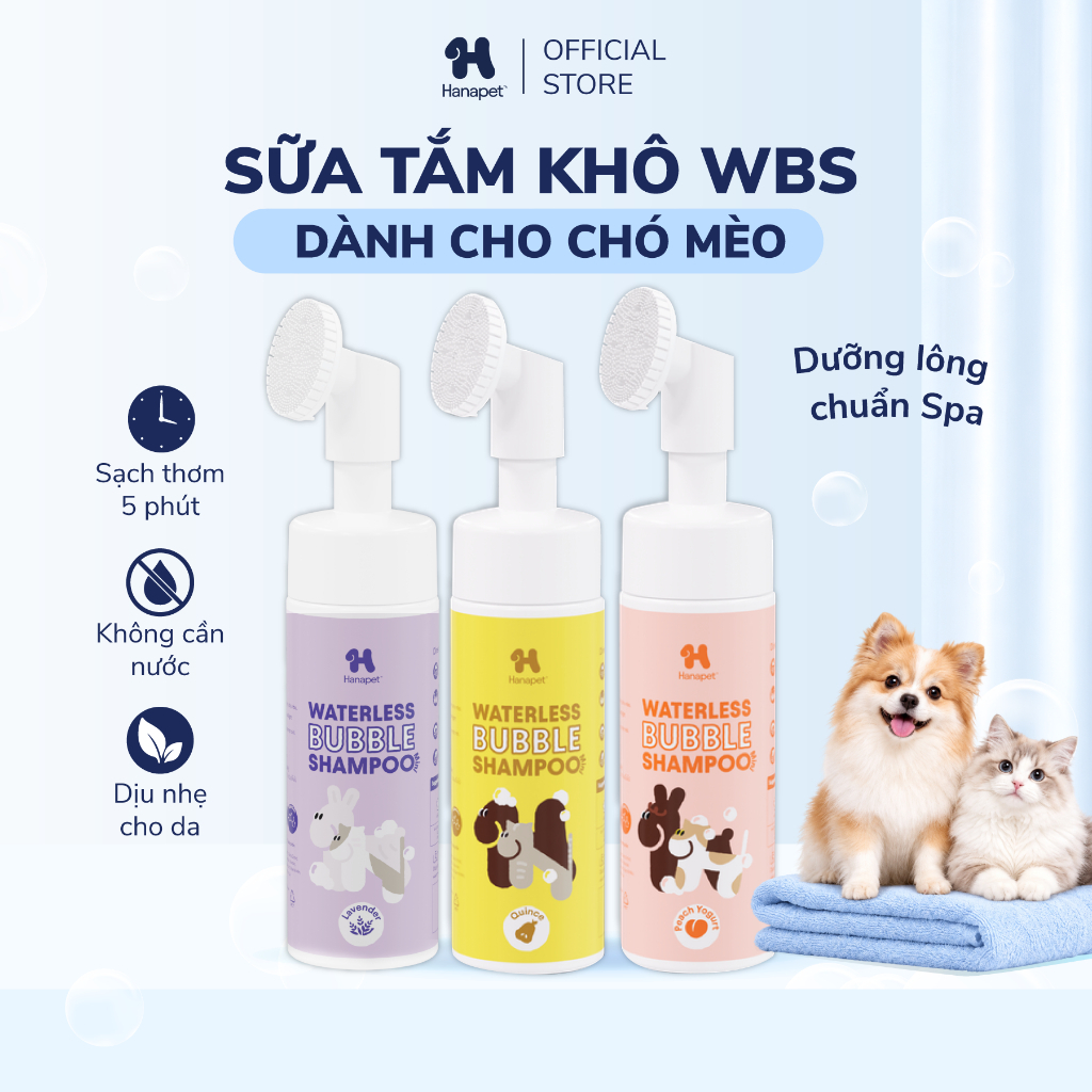 Sữa Tắm Khô Cho Chó Mèo WBS Không Cần Nước, Sạch Thơm 5 Phút, Mượt Lông Khử Mùi 130ml - Hana Pet