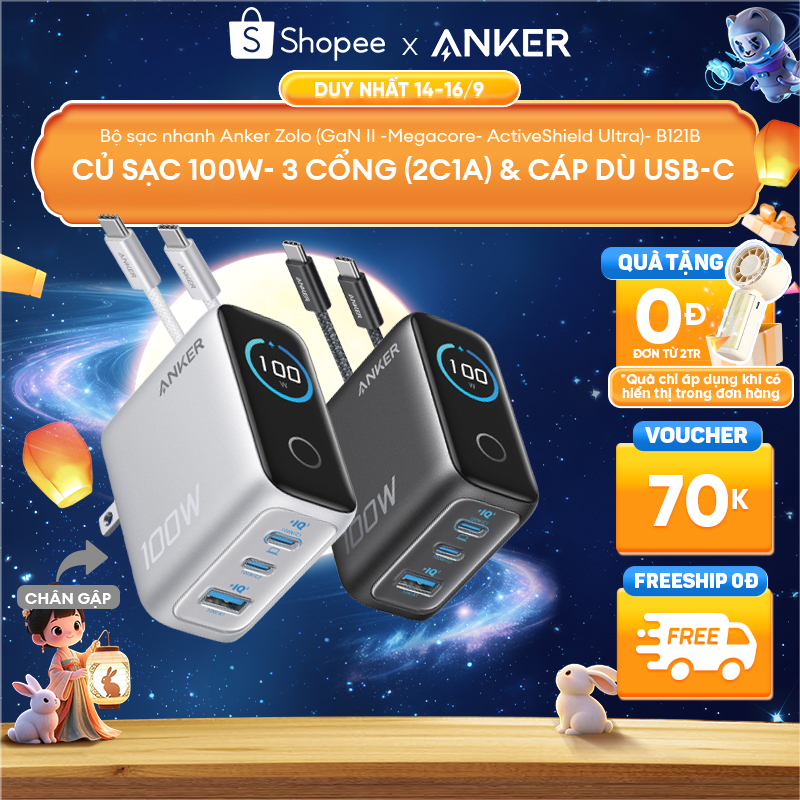 Bộ sạc nhanh Anker 100W Smart Display | 3 cổng 2C1A | Công nghệ GaN | Dành cho Laptop, iPhone - B121B