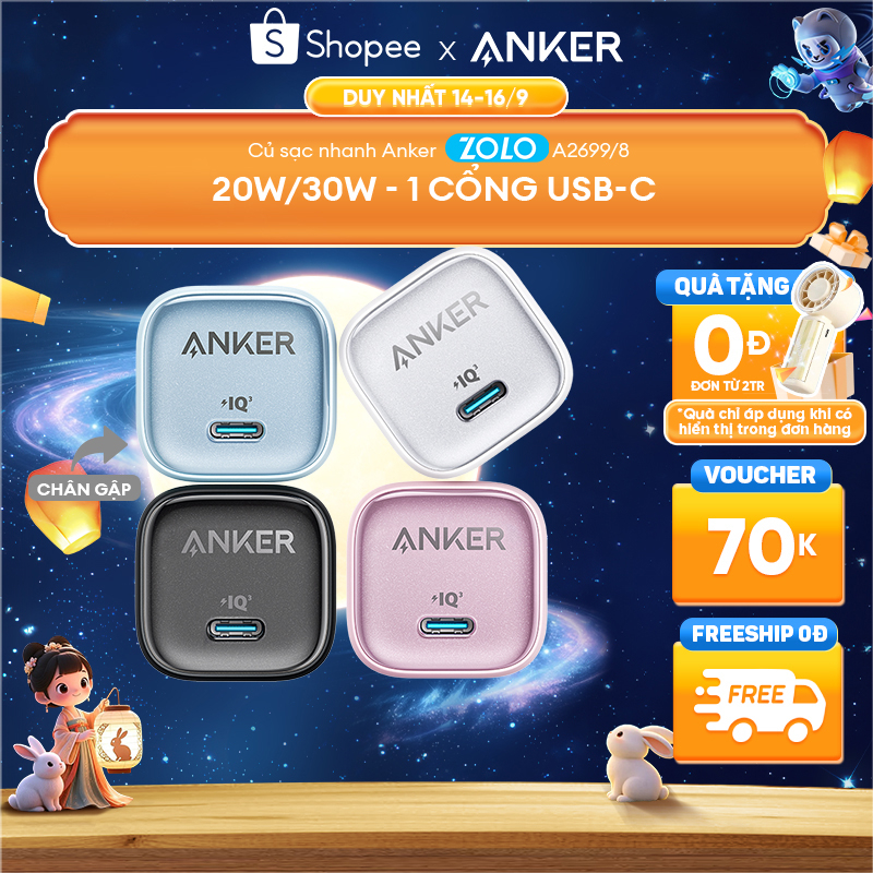 Củ sạc nhanh Anker Zolo GaN 20W/30W | 1 cổng USB-C | Sạc nhanh Power IQ 3.0 | Chân gập gấp gọn tiện lợi - A2699/8