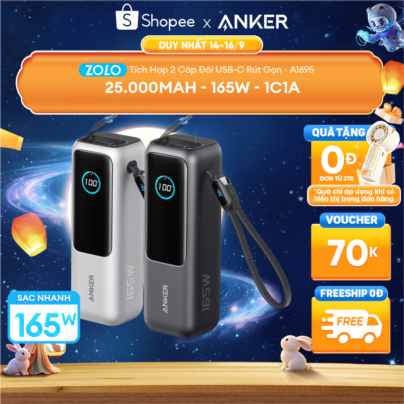 [Voucher700K] Sạc dự phòng ANKER Zolo 25kmAh | Công suất 165W | Tích hợp 2 cáp USB-C rút gọn | Có màn hình - A1695