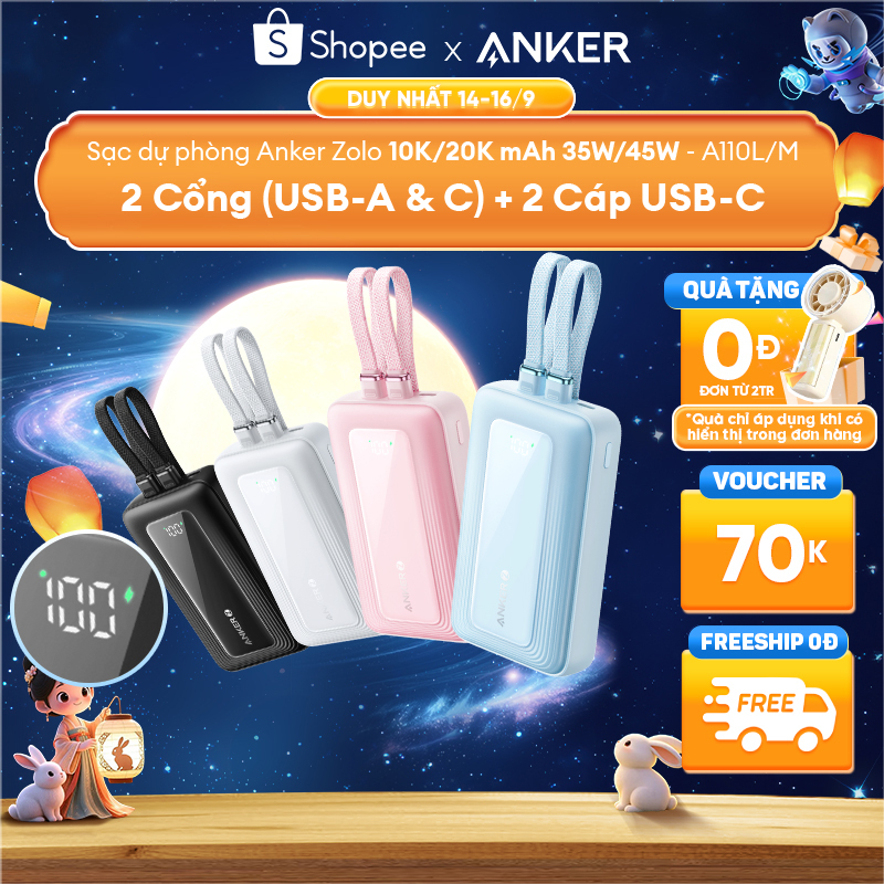 Sạc dự phòng ANKER Zolo 20kmAh 45W | 2 cổng 1C1A | Tích hợp 2cáp USB-C cho iP15/16/17/Samsung | Sạc nhanh - A110M/L