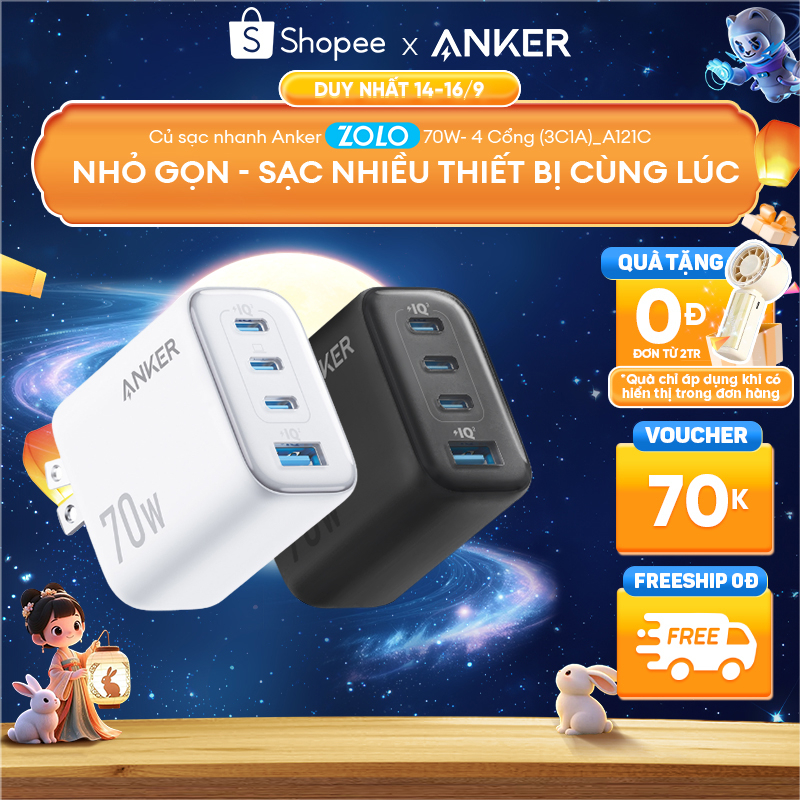 Củ sạc nhanh Anker Zolo 70W | 4 cổng (3 cổng USB-C & 1 cổng USB-A) | Chân gập gọn nhẹ | Sạc nhanh đa thiết bị - A121C