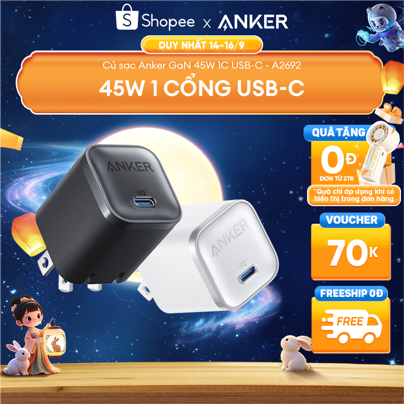 [Samsung/iPhone 15-17/Macbook] Củ sạc nhanh Anker Nano 45W | 1 cổng USB-C | Chân gập nhỏ gọn | Sạc nhanh an toàn - A2692