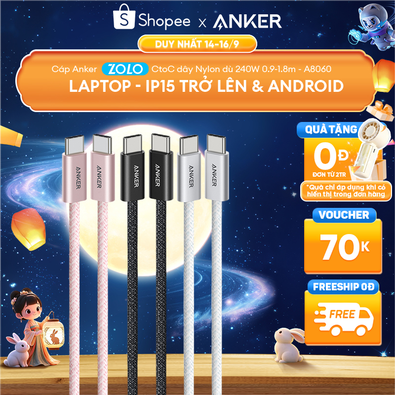 [Cho iPhone 15-17 Android Laptop] Cáp sạc nhanh ANKER Zolo USB-C to USB-C | Công suất 240W | Chuẩn chip E-Maker - A8060