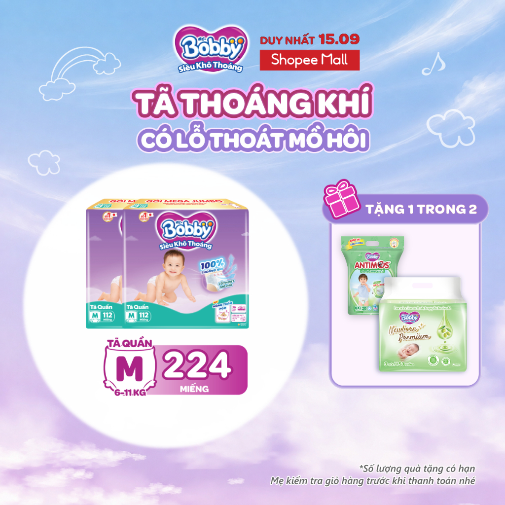 [TẶNG MIẾNG NGẪU NHIÊN] Combo 02 tã quần Bobby Khô Thoáng - 100% Thoáng Khí Mega Jumbo M112/L96/XL84/XXL76