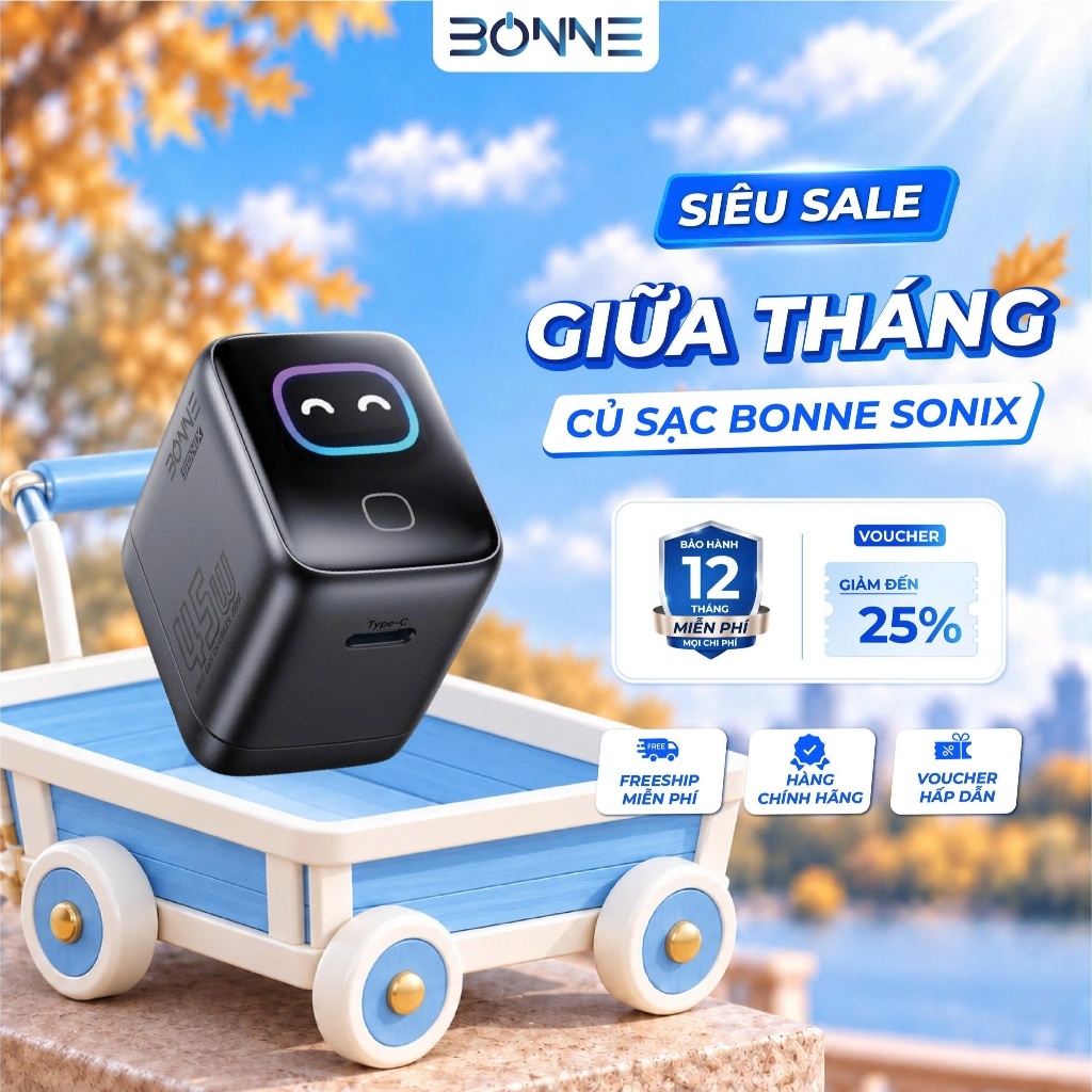 Củ Sạc Nhanh BONNE SONIX 45W, Củ Sạc Nhanh Tích Hợp Màn Hình, Nhận Diện Thiết Bị Thông Minh, Bảo Hành 12 Tháng