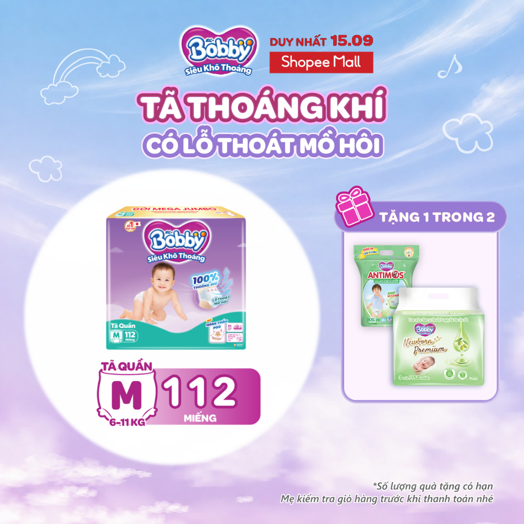 [TẶNG MIẾNG NGẪU NHIÊN] Tã quần Bobby Khô Thoáng - 100% Thoáng Khí Mega Jumbo  M112/L96/XL84/XXL76