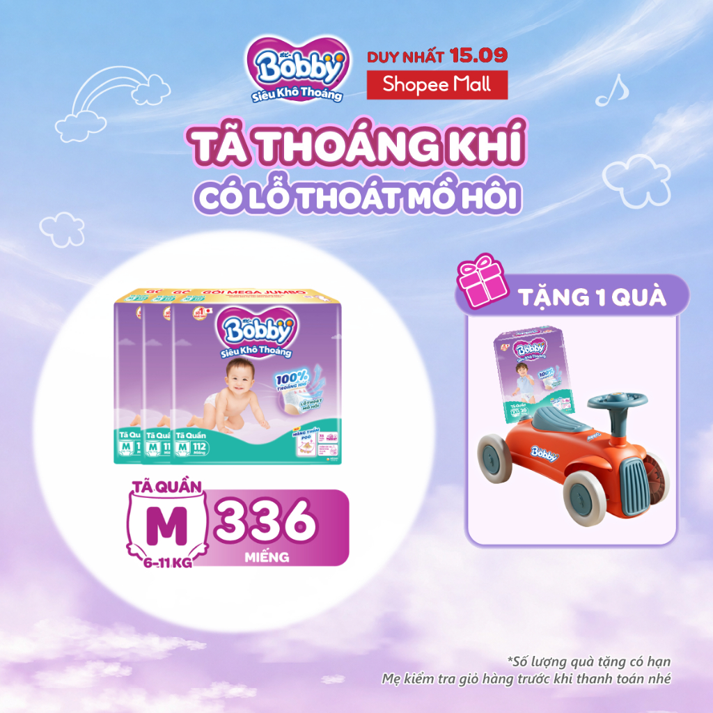 [TẶNG MIẾNG NGẪU NHIÊN] Combo 3 tã quần Bobby Siêu Khô Thoáng - 100% Thoáng Khí Mega Jumbo M112/L96/XL84/XXL76