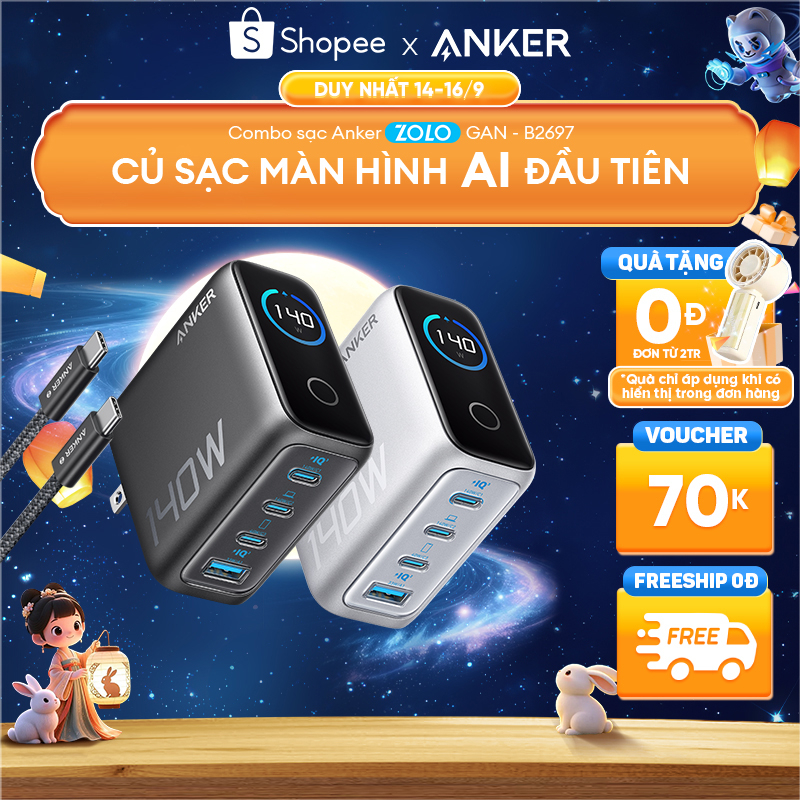 Bộ sạc nhanh Anker ZoLo 140W 4 cổng | Sạc nhanh cho laptop | 3 USB-C & 1 USB-A sạc 4 thiết bị - B2697