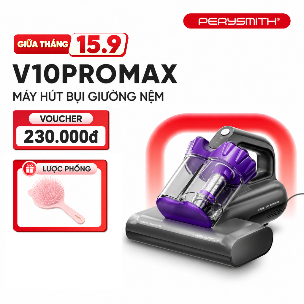 Máy Hút Bụi Giường Nệm PerySmith V10Pro Max, Có Dây, Con Lăn, Diệt Khuẩn, Hút Bụi Mịn, Có Đèn UV