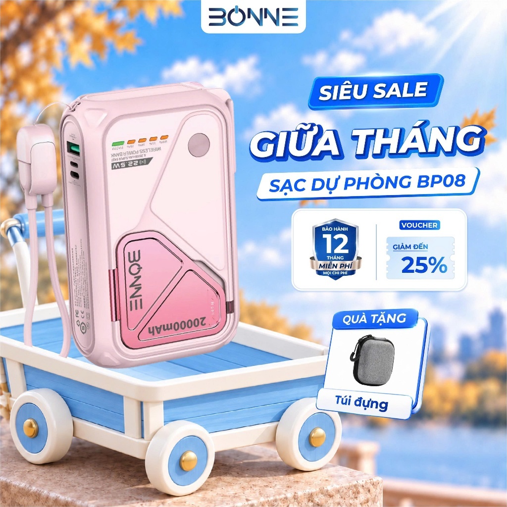 [SẴN HÀNG -TẶNG TÚI ĐỰNG ] Củ Sạc Nhanh BP08 Chính Hãng BONNE TECH , Hỗ Trợ Sạc Không Dây,Củ Sạc có chứng nhận CCC
