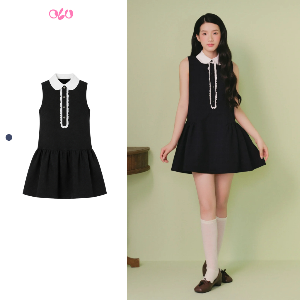 Đầm OLV suông cổ bẻ phối bèo nữ tính Navy Collar Pleated Mini Dress phù hợp đi chơi