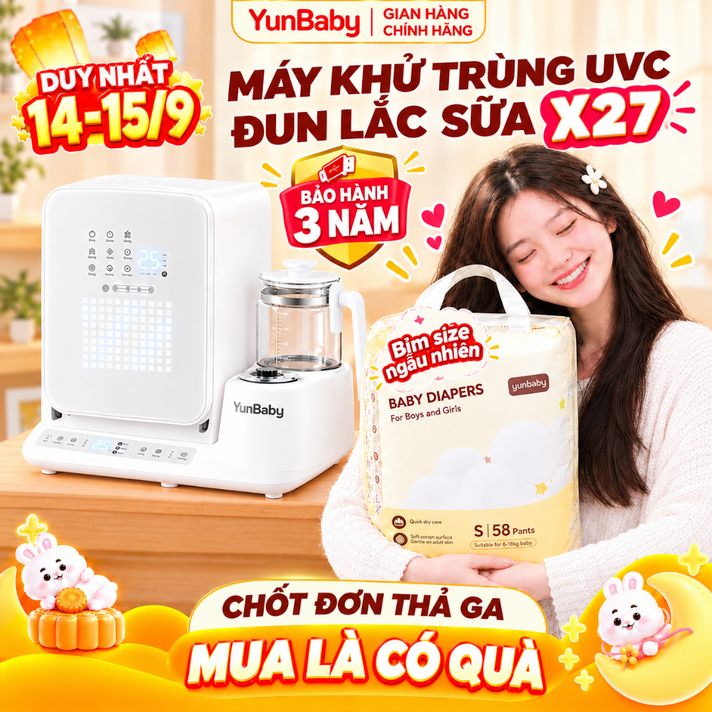 [BẢN TIẾNG VIỆT]  Máy tiệt trùng Yunbaby X27 đun nước Hâm Pha sữa Lắc sữa Tiệt trùng bình sữa Sấy khô Khử clo Plasma UVC