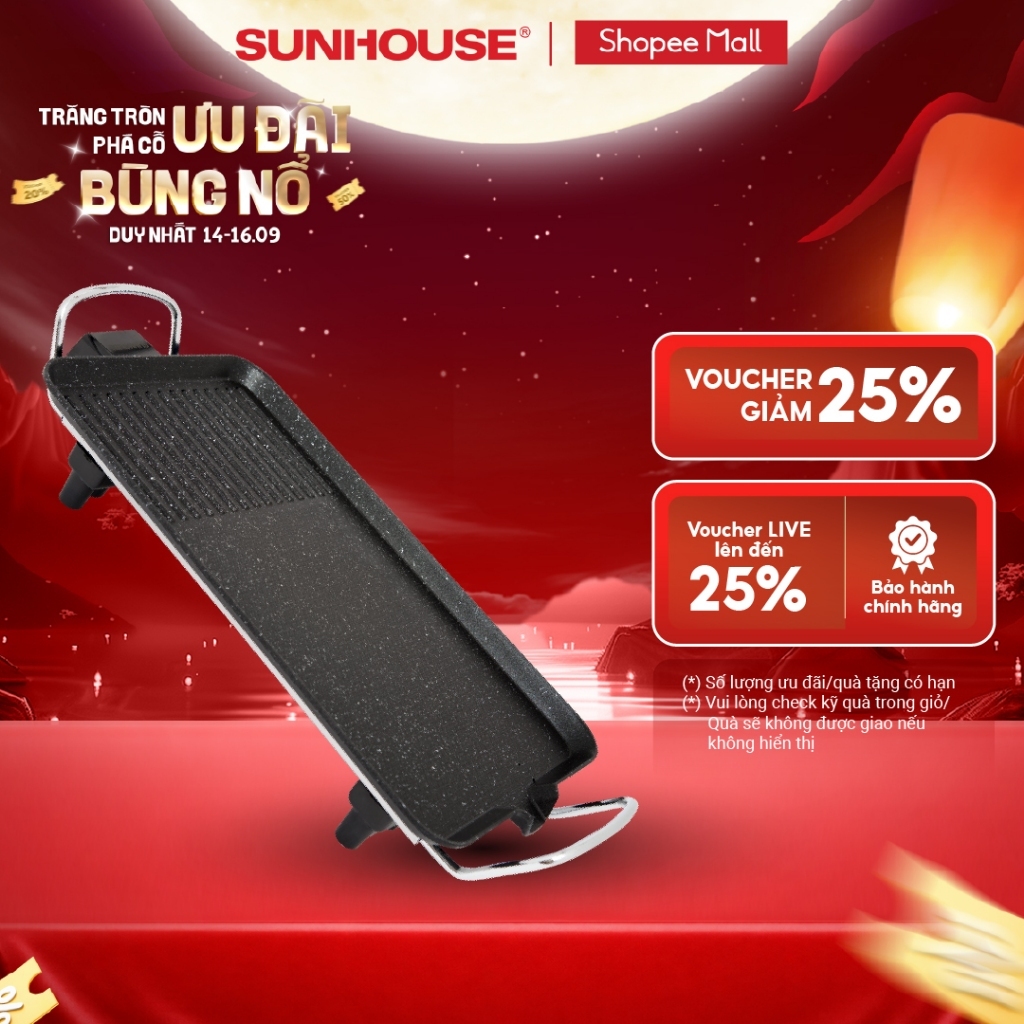 Bếp nướng điện Sunhouse SHD4607 - Công suất 1500W - Một miệng rót mỡ thừa tiện dụng - Phích cắm rời, 2 chấu