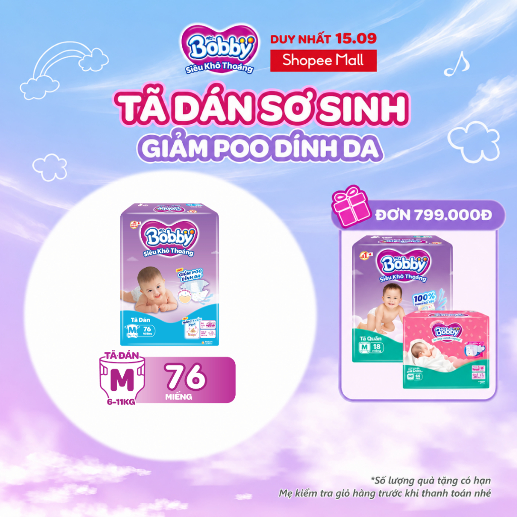 Tã dán Bobby S80/M76/L68/XL62/XXL56 mới- Lõi nén cotton-soft 3mm:S80