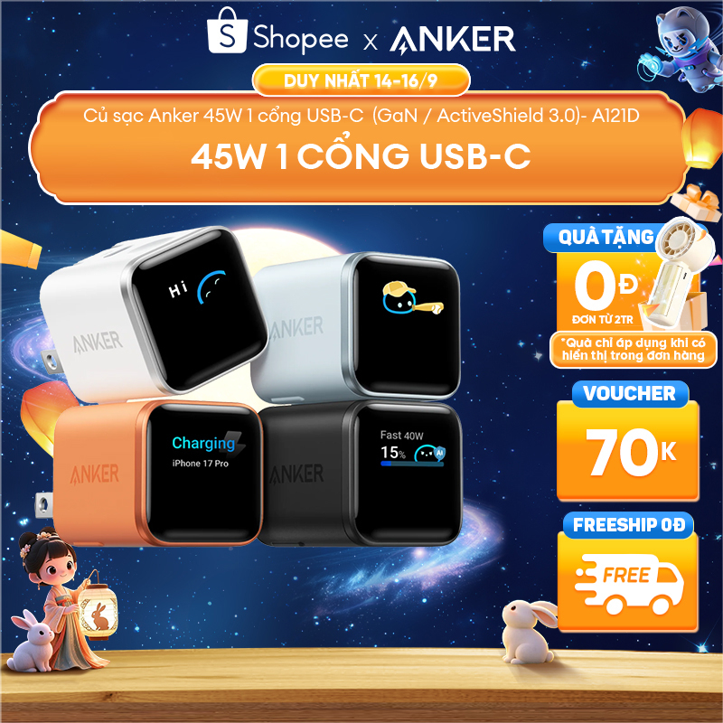 Củ Sạc Nhanh Anker Nano 45W | Màn Hình LED | Chân gập 180° | Sạc iPhone 15/16/17, Samsung, iPad - A121D