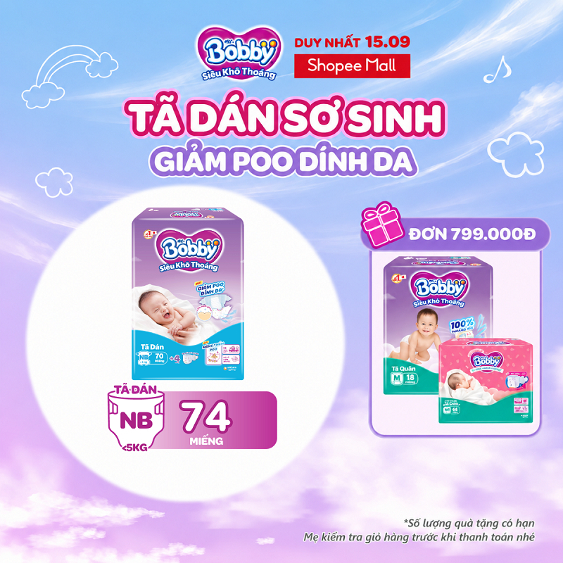 Tã dán sơ sinh Bobby NB70/S54/M46 mới- Lõi nén cotton-soft 3mm