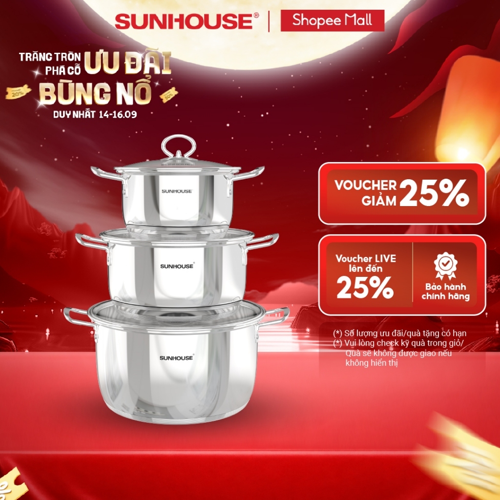 Bộ nồi inox inox 5 đáy Sunhouse SHG788 – Gồm 3 nồi: 16-20-24cm – Dùng mọi loại bếp – Vung kính, tay cầm tiện lợi