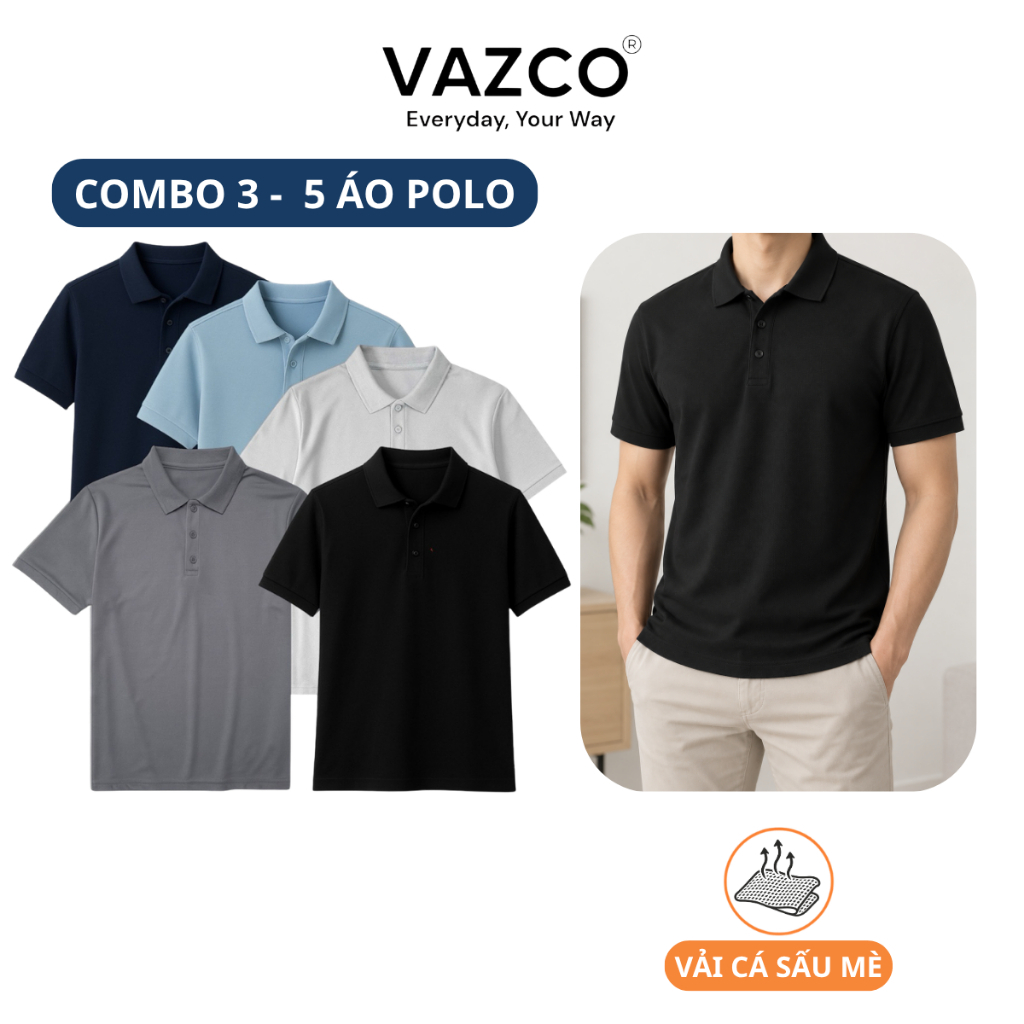 COMBO 3-5 ÁO POLO NAM NỮ VẢI POLY CÁ SẤU MÈ VAZCO [A31], ÁO CỔ BẺ ĐỨNG FORM, THOÁNG MÁT, CO GIÃN NHẸ, ÍT NHĂN