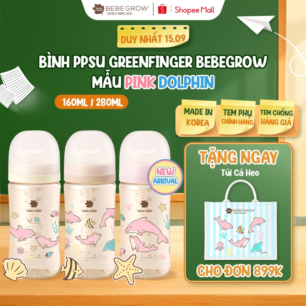 [Cá Heo Hồng] Bình sữa PPSU Green Finger Bebegrow chất liệu an toàn cho bé, chịu nhiệt tốt 160ml/280ml