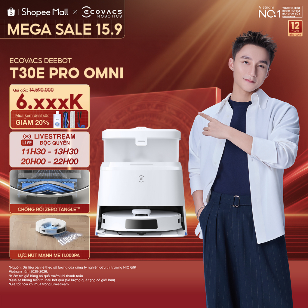 Ecovacs T30e Pro Omni Robot hút bụi thông minh | lực hút 11.000Pa | Tự động giặt giẻ bằng nước nóng 70°C | BH 12 tháng