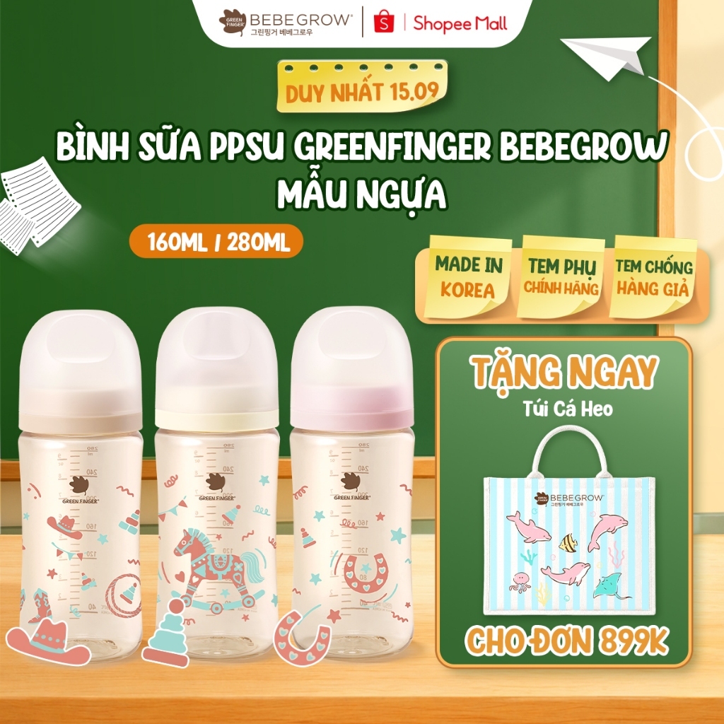 [Mẫu ngựa] Bình sữa PPSU Greenfinger Bebegrow chất liệu an toàn cho bé, chịu nhiệt tốt 160ml/280ml Green Finger