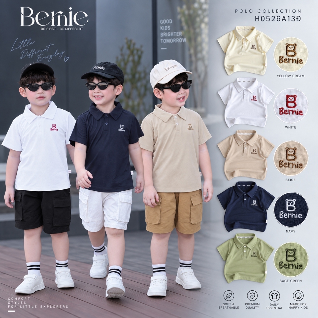 Bernie Áo polo cộc tay bé trai bé gái thêu B đáng yêu - Áo cộc đi học đi chơi cho bé 9-27kg - H0526A13Đ