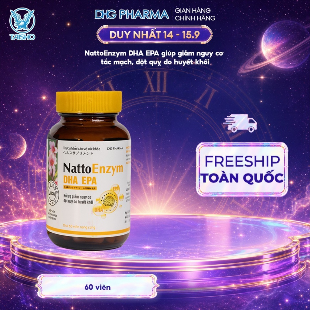 TPCN NattoEnzym DHA EPA Hỗ trợ giảm nguy cơ đột quỵ do huyết khối 1 chai x 60 viên - Chính hãng DHG Pharma