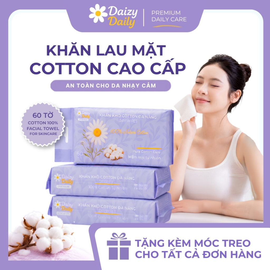 Khăn Lau Mặt Dịu Nhẹ Cho Da Nhạy Cảm Cotton Skincare Daizy Daily Facial Towel 60pcs