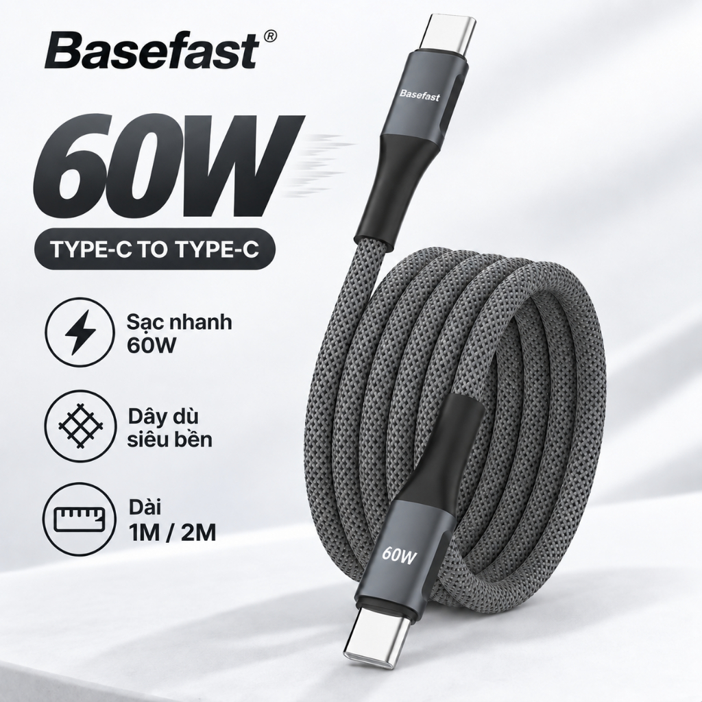 Dây sạc nhanh Type C 60W Basefast cáp bọc dù C to C dài 1m 2m dùng cho Phone 15 16 samsung xiaomi ..