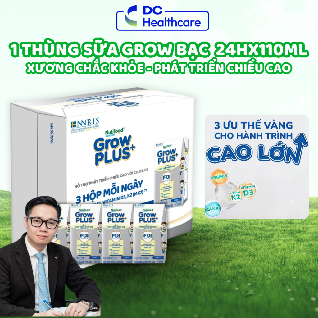 1 Thùng 24 Hộp 110ml Sữa Dinh Dưỡng Nutifood GrowPLUS+ (Bạc) Cao Lớn Vượt Trội Hộp (24 hộp  x 110ml)