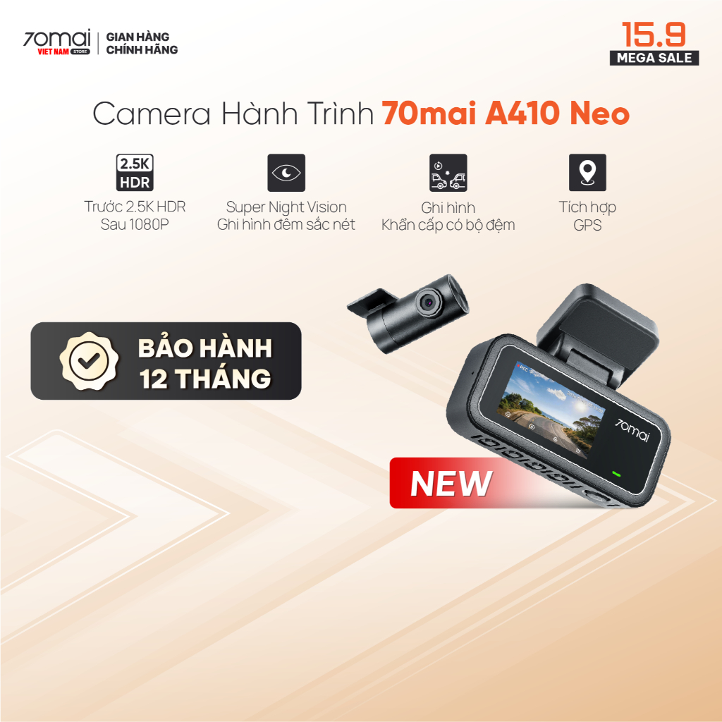 Camera hành trình 70mai A410 NEO 2.5K HDR ghi hình 2 mắt trước sau sắc nét, giám sát đỗ xe 24h
