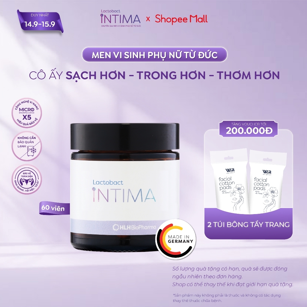 Hộp 60 viên men vi sinh phụ khoa Lactobact Intima bổ sung lợi khuẩn, Cranberry, D-Mannose từ Đức