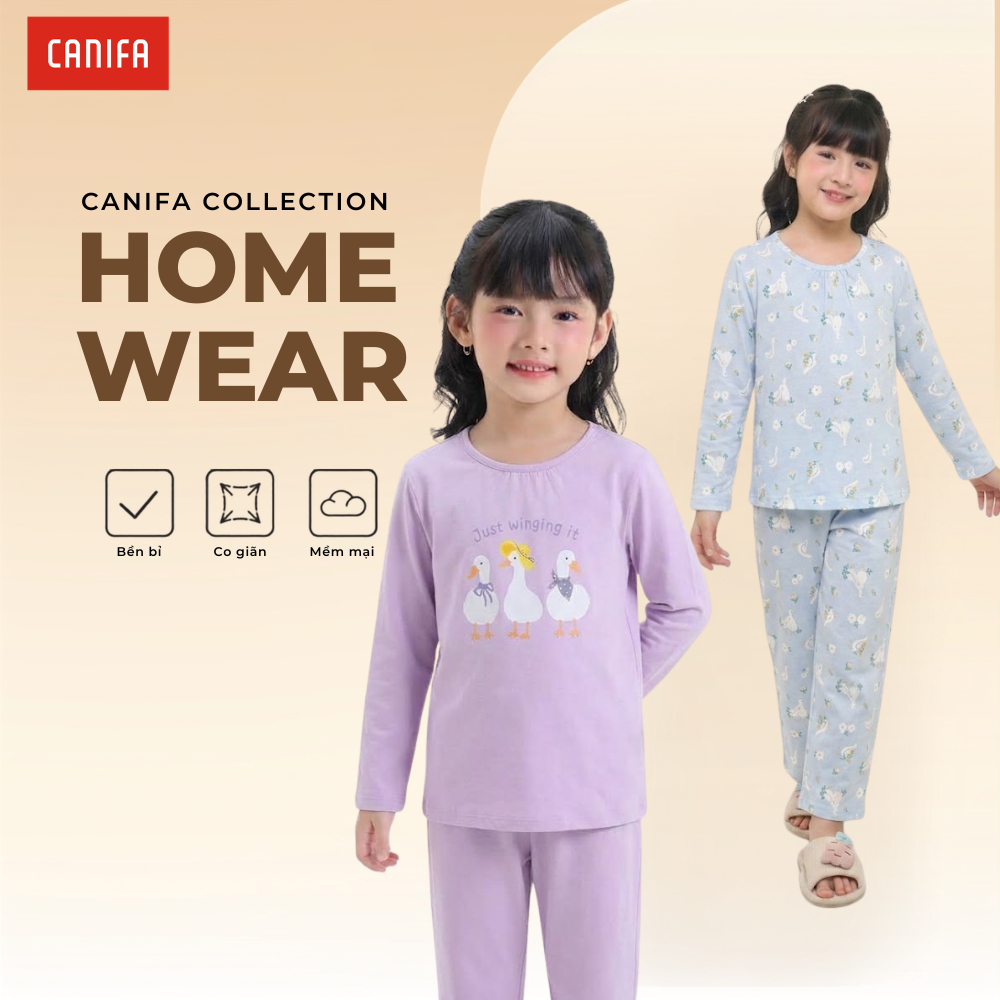 Bộ quần áo dài tay bé gái CANIFA hoạ tiết đáng yêu chất cotton mềm mại có chứng chỉ OEKOTEX an toàn với làn da 1LS26W001