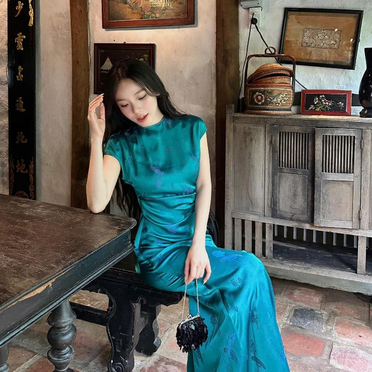 Đầm Lụa Salin Đầm Lụa Cổ Sườn Xám Chất Lụa Vân Nam Phong Cách Thanh Lịch Sang Trọng