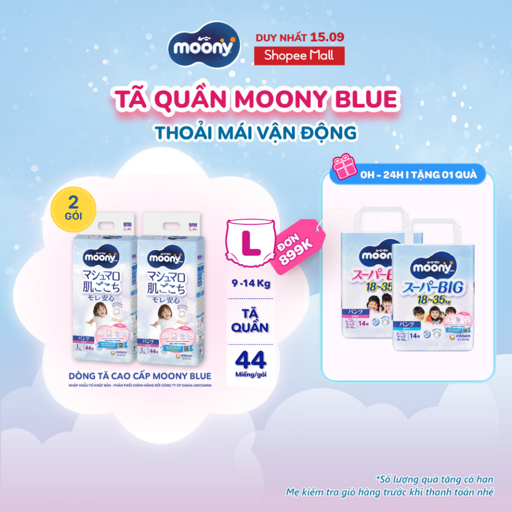 [V] Bộ 2 Tã quần cao cấp Moony Bé Gái L44/XL38/XXL26/XXXL14 - Nhập khẩu Nhật Bản