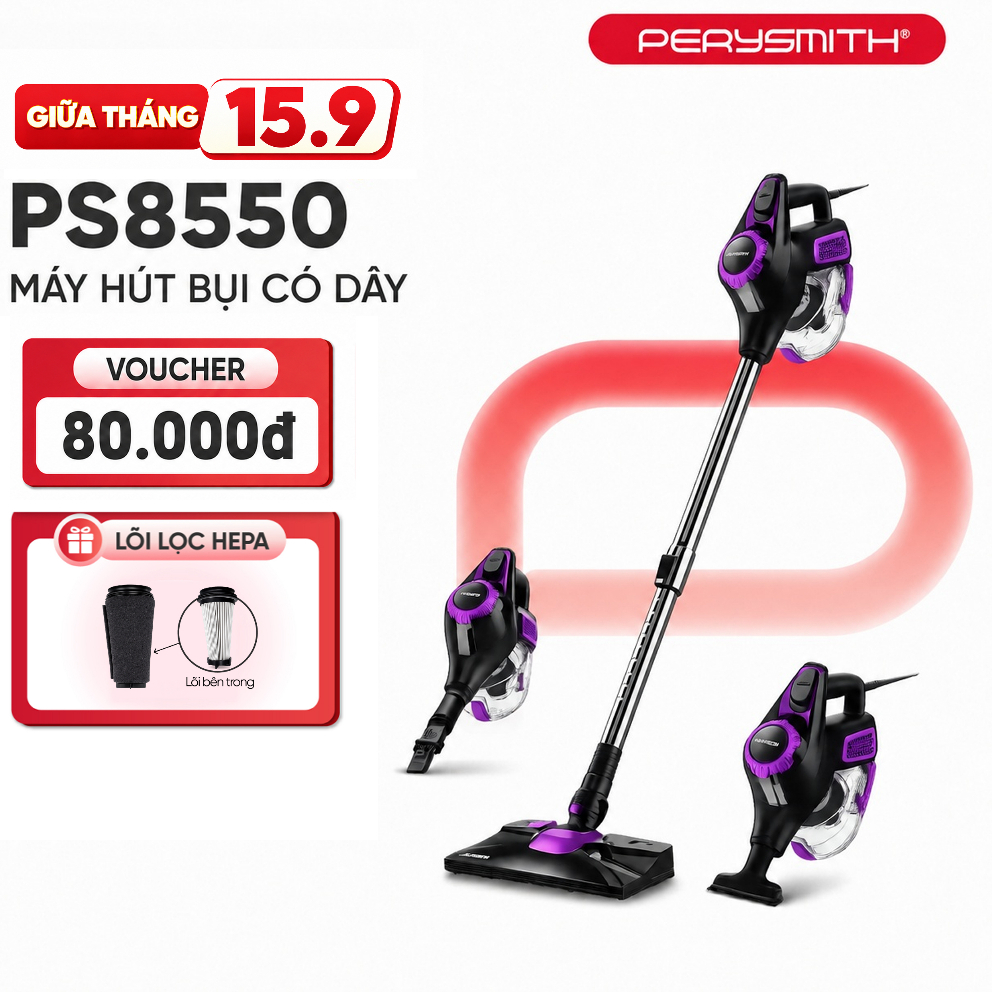Máy Hút Bụi Có Dây PerySmith PS8550 Lực Hút Mạnh 23.000 Pa, Công Suất 1200W, Gọn Nhẹ Kéo Dài