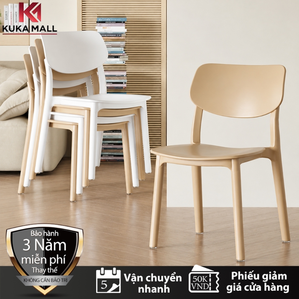 KUKA Ghế Nhựa Đúc Nguyên Khối Có Tựa Lưng, Xếp Chồng Gọn, Dùng Phòng Ăn Ban Công, Nhiều Màu