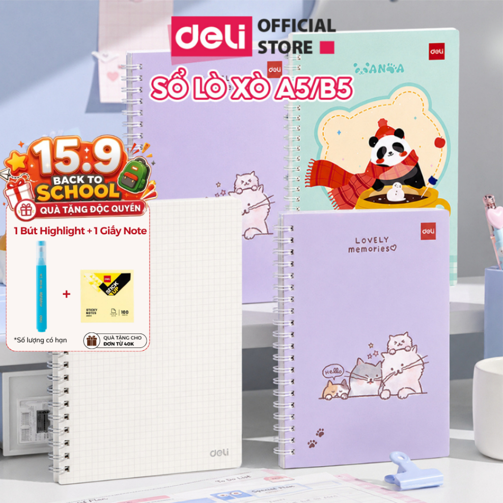 Sổ Lò Xo Kép Deli A5/B5 Kẻ Ngang & Caro 38-80 Tờ - Sổ Giấy Dày Mịn Chống Lóa Bìa Họa Tiết Cute