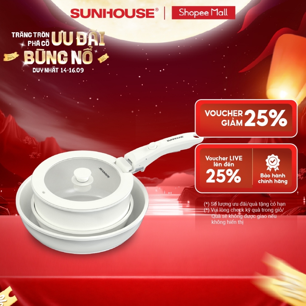 [Độc Quyền] Bộ nồi chảo cán rời chống dính 3 món Sunhouse Trendy SHG509M - Chống dính Ceramic -Dùng mọi loại bếp