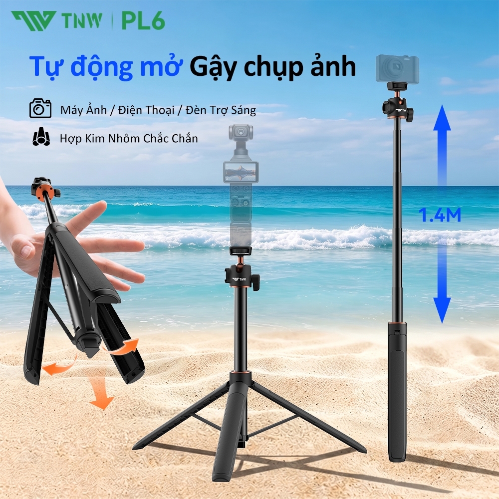 TNW PL6 Gậy Selfie 3 Chân, Đầu bi 360° & Kẹp Điện Thoại, cho livestream và Chụp ảnh, quay video
