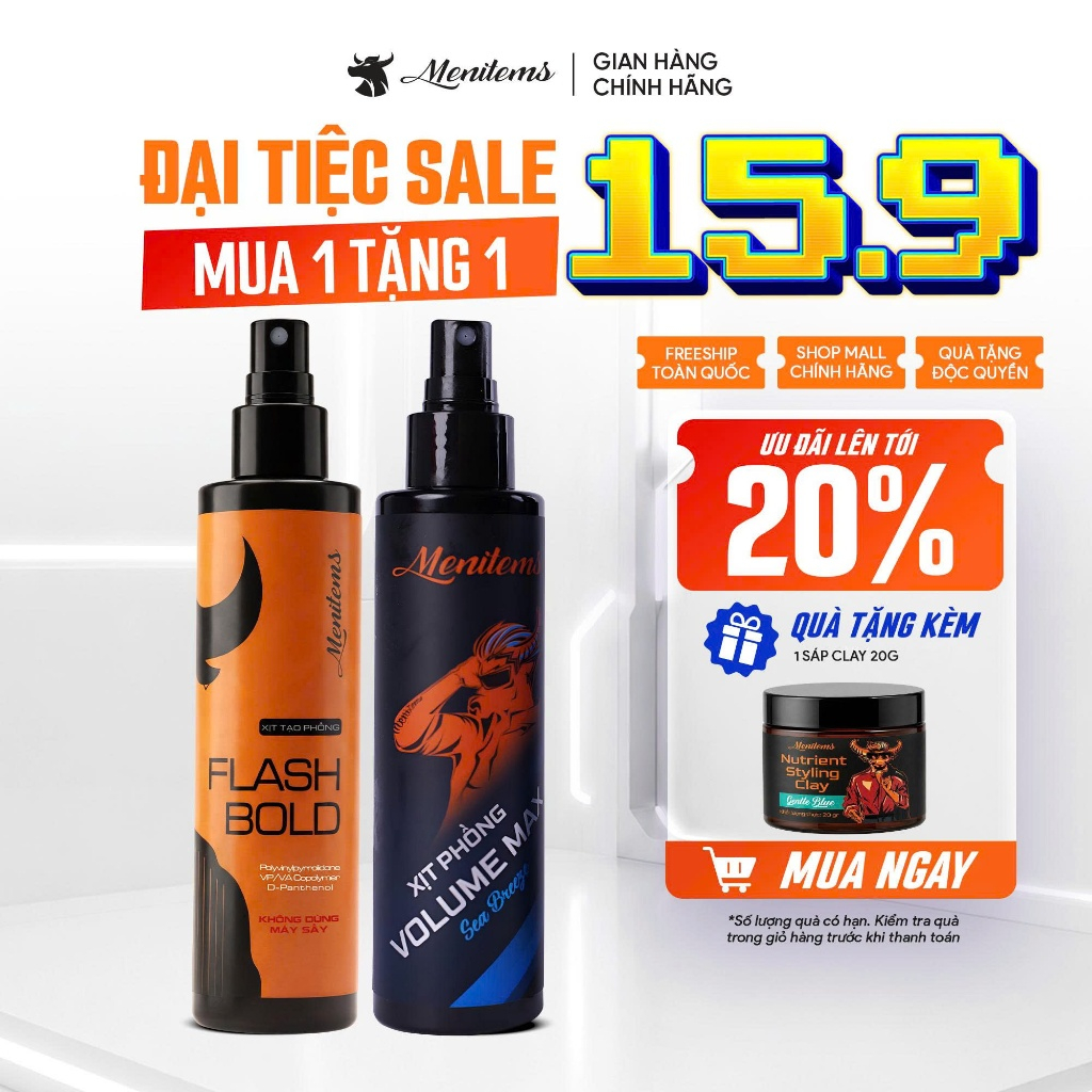 Xịt phồng tóc Menitems, xịt tạo phồng tự nhiên, xịt giữ nếp không gây bết và nặng tóc Volume Max và Flash Bold 100ml