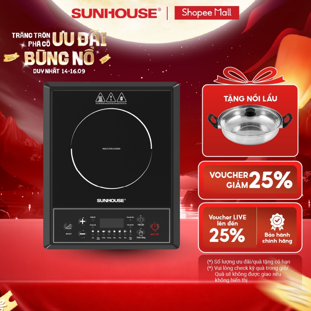 Bếp từ đơn Sunhouse SHD6154 - Công suất 2000W - 8 chế độ nấu - 10 mức nhiệt - Chế độ hẹn giờ - Bảo hành 12 tháng