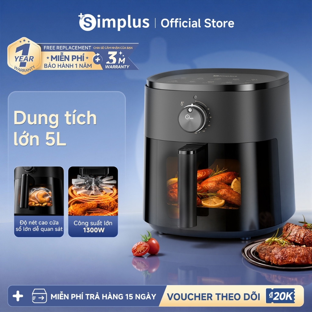 Simplus Nồi chiên không dầu 5L Sức chứa cho cả gia đình Thiết kế nhỏ gọn, Tiết kiệm không gian Đa năng KQZG023