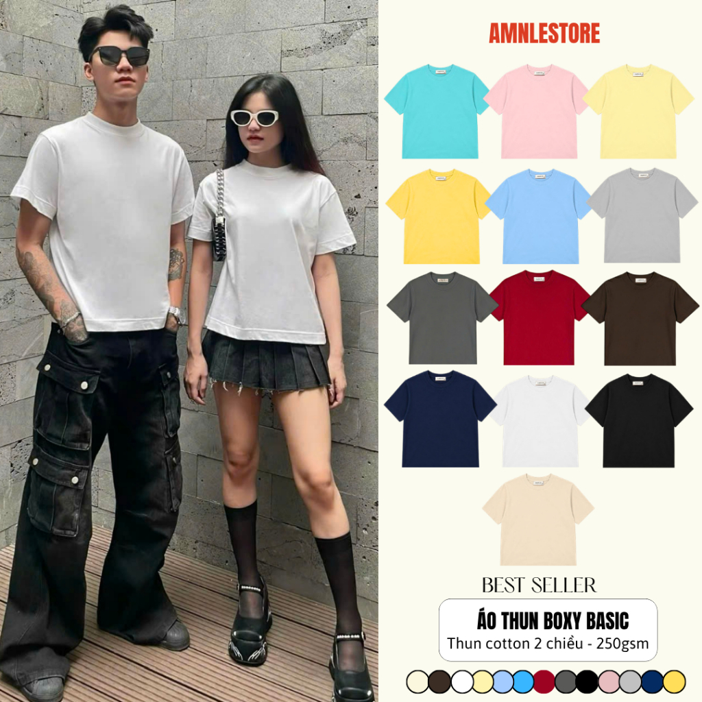 Áo Thun BOXY Cổ Tròn Unisex AmnleStore Chất thun Cotton Định Lượng 250Gsm Co Giãn 2 Chiều BX001