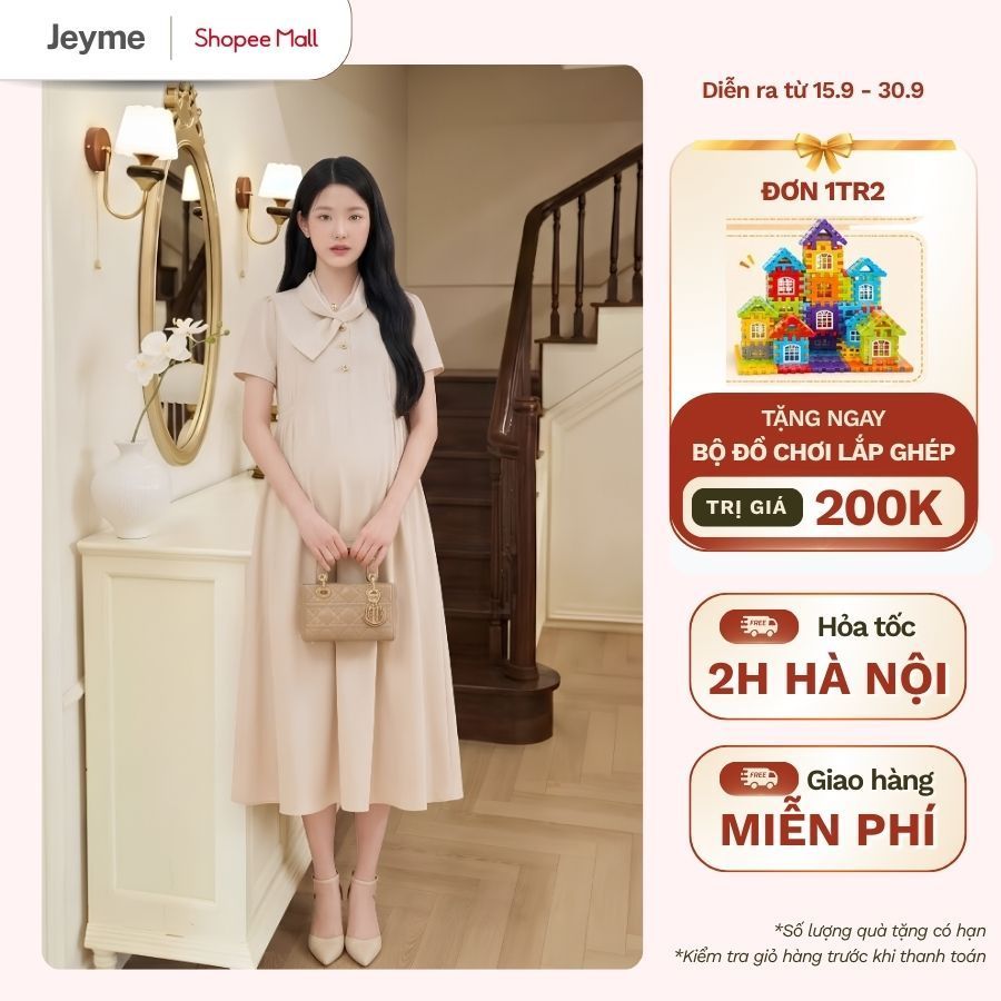 Đầm bầu công sở JEYME thiết kế cổ nơ đính cúc sang trọng dự tiệc cao cấp che khuyết điểm - JN0015