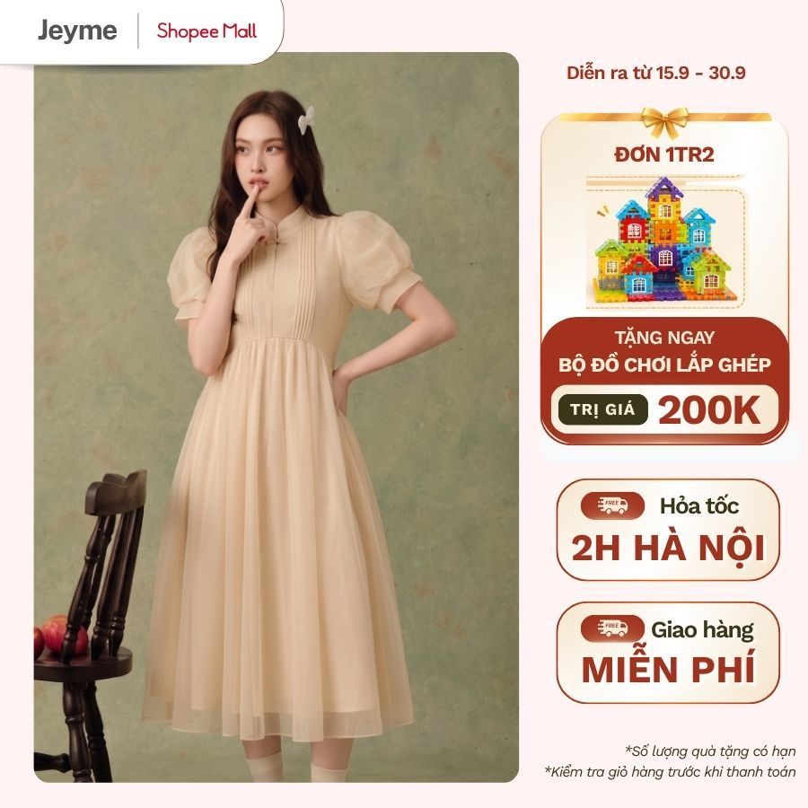 [NEW] Đầm Váy Bầu Voan Kem Jeyme Công Chúa Xếp Ly Cổ Trụ Tay Bồng Thanh Lịch  - JN0010